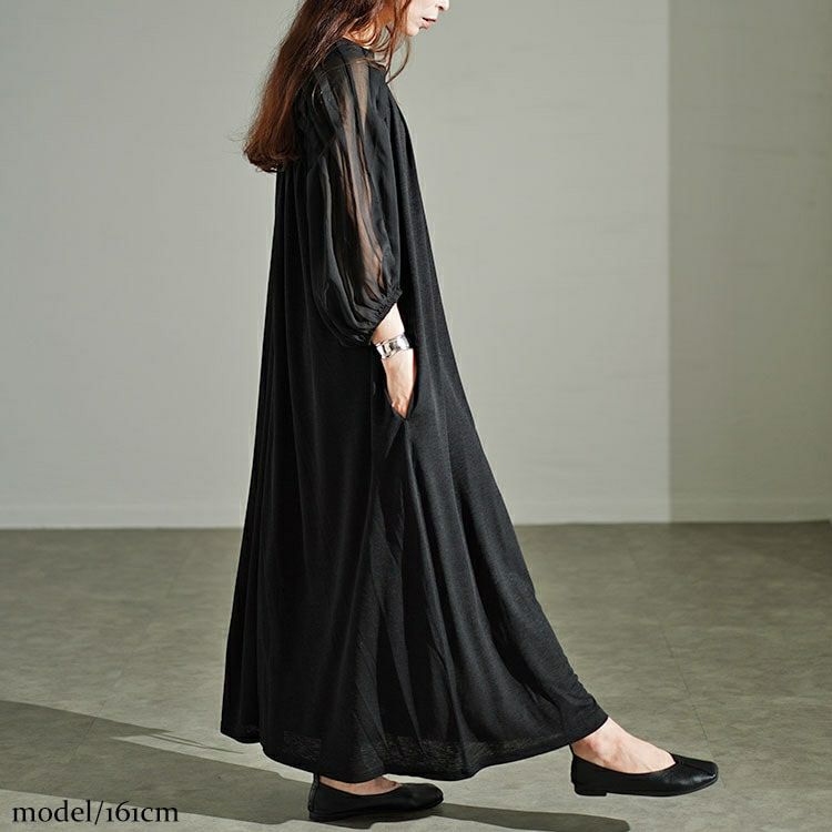 大きいサイズ レディース シアーボーダー切替えボリュームスリーブギャザーワンピース　u2-0089