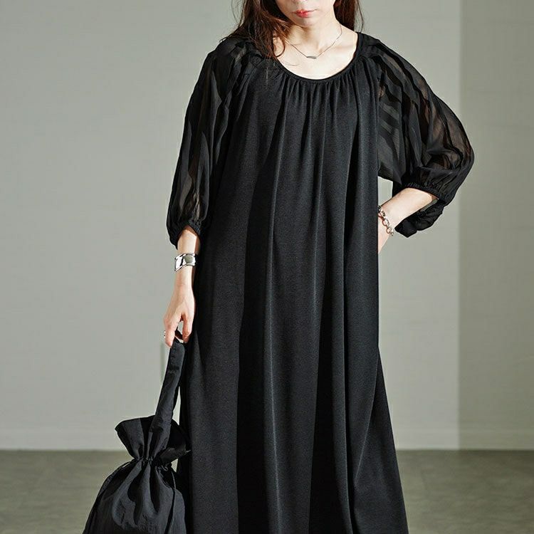 大きいサイズ レディース シアーボーダー切替えボリュームスリーブギャザーワンピース　u2-0089