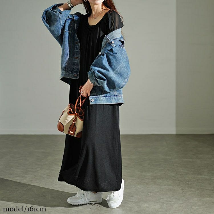 大きいサイズ レディース シアーボーダー切替えボリュームスリーブギャザーワンピース　u2-0089