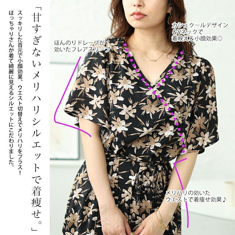 大きいサイズ レディース ボタニカルフラワー柄カシュクールワンピース　bro-0044