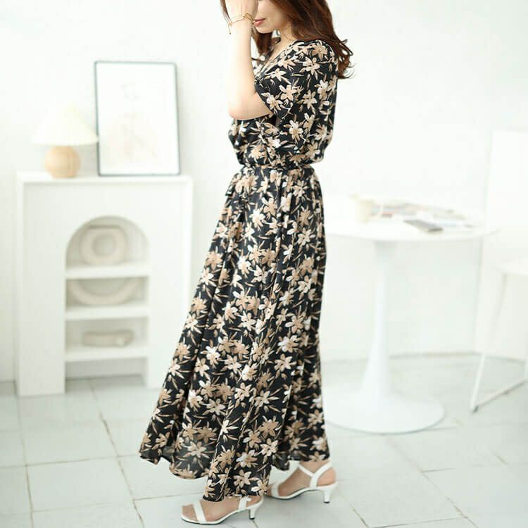 大きいサイズ レディース ボタニカルフラワー柄カシュクールワンピース　bro-0044