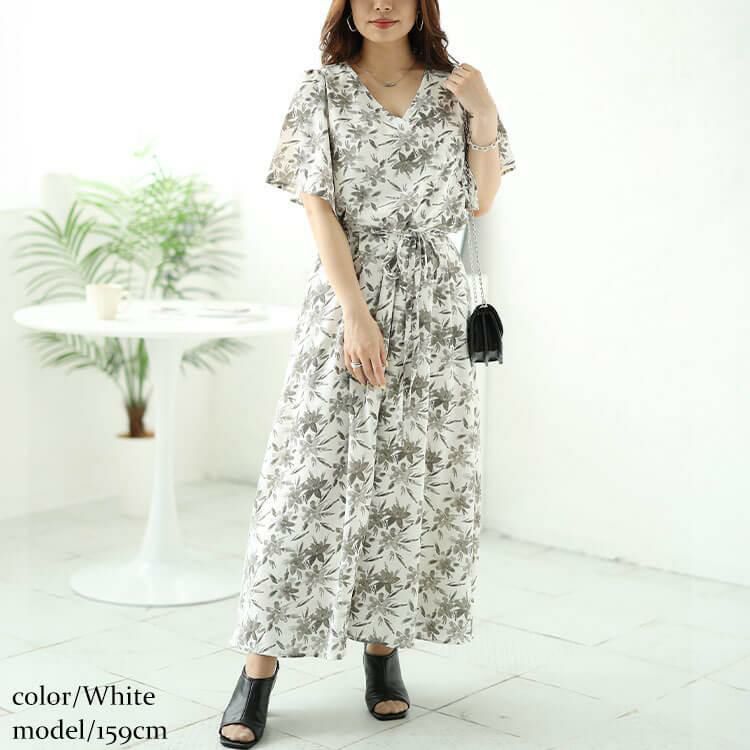 大きいサイズ レディース ボタニカルフラワー柄カシュクールワンピース　bro-0044 ホワイト