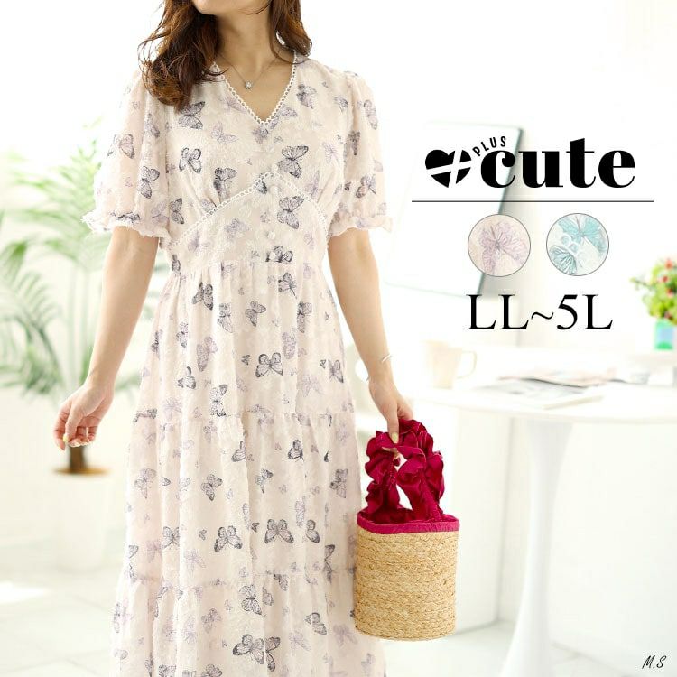 大きいサイズ レディース 蝶々柄ティアードワンピース　goldy-1498