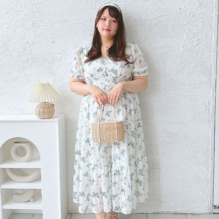 大きいサイズ レディース 蝶々柄ティアードワンピース　goldy-1498