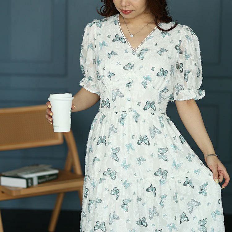 大きいサイズ レディース 蝶々柄ティアードワンピース　goldy-1498