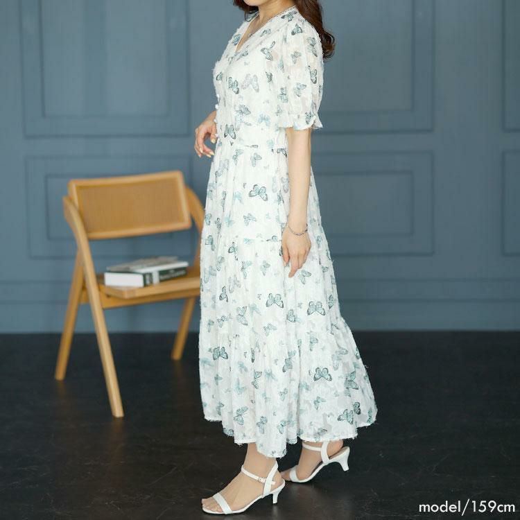 大きいサイズ レディース 蝶々柄ティアードワンピース　goldy-1498 ブルー