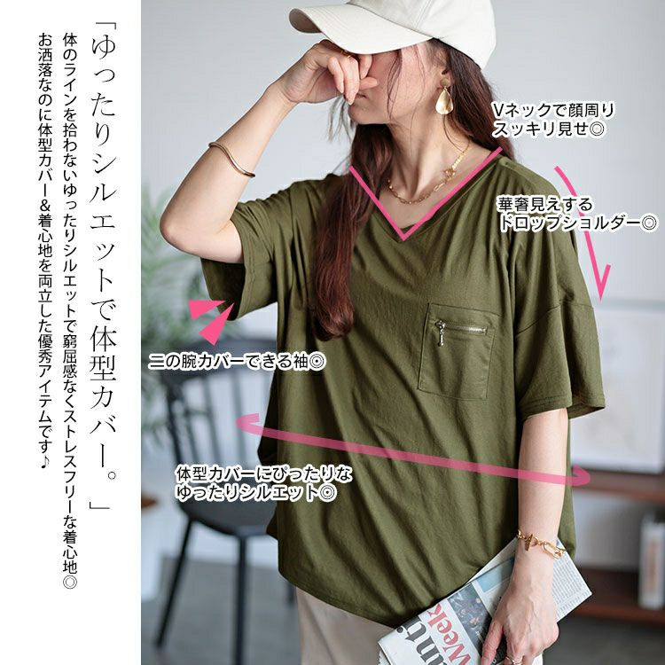 大きいサイズ レディース ひんやりジップポケット裾タックVネックTシャツ　plan-240090 【メール便可】