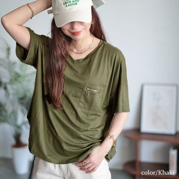 大きいサイズ レディース ひんやりジップポケット裾タックVネックT