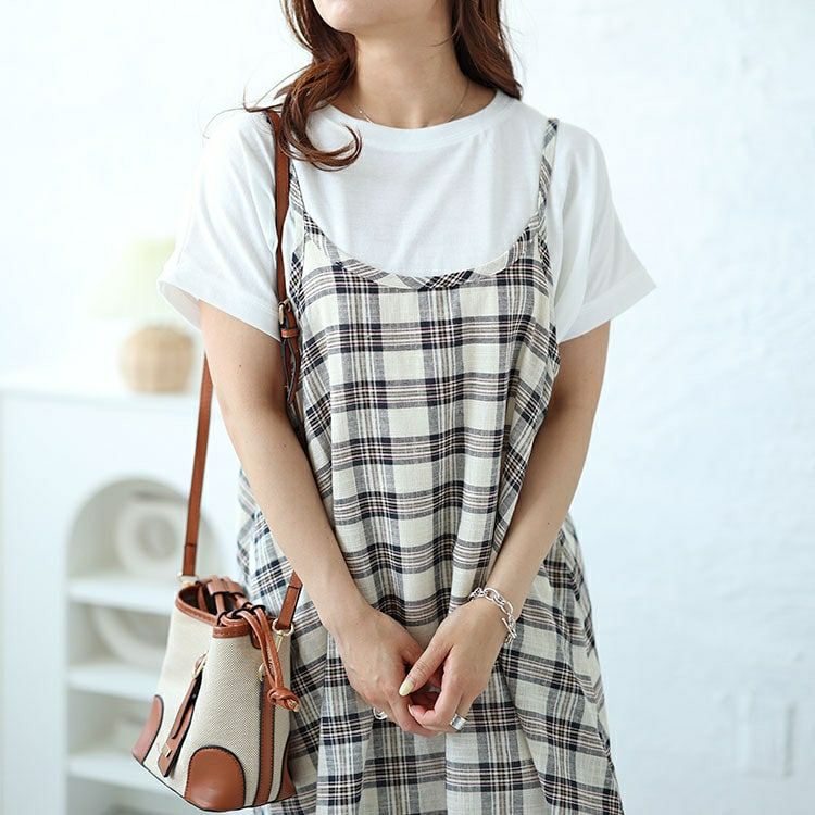 大きいサイズ レディース ラウンドネックTシャツ＆チェックキャミワンピース2点セット　plan-240081