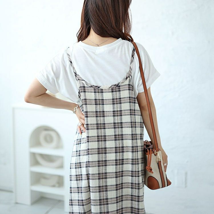 大きいサイズ レディース ラウンドネックTシャツ＆チェックキャミワンピース2点セット　plan-240081