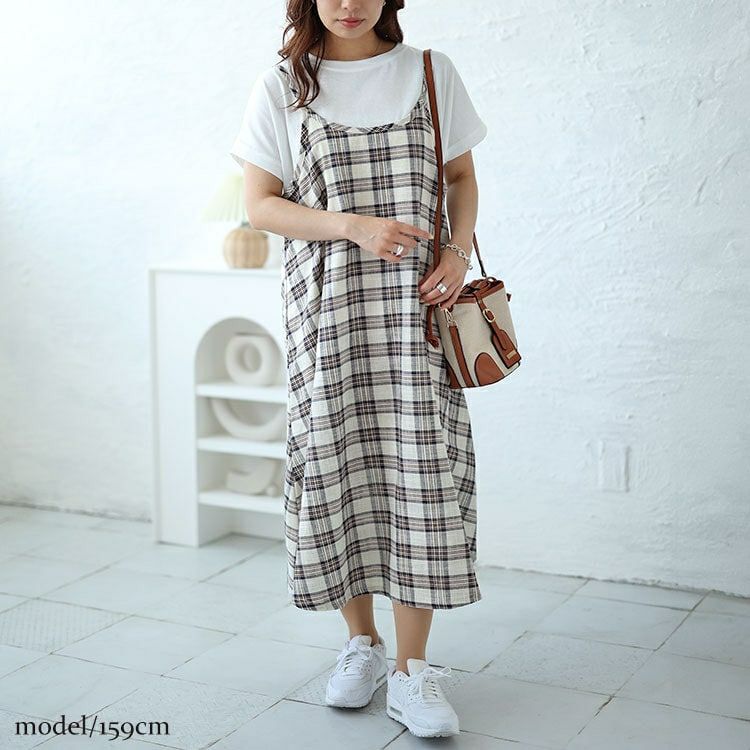 大きいサイズ レディース ラウンドネックTシャツ＆チェックキャミワンピース2点セット　plan-240081