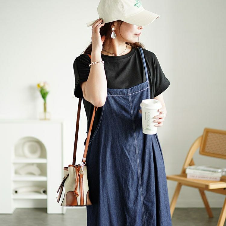 大きいサイズ レディース ラウンドネックTシャツ＆デニムキャミワンピ2点セット　plan-240080