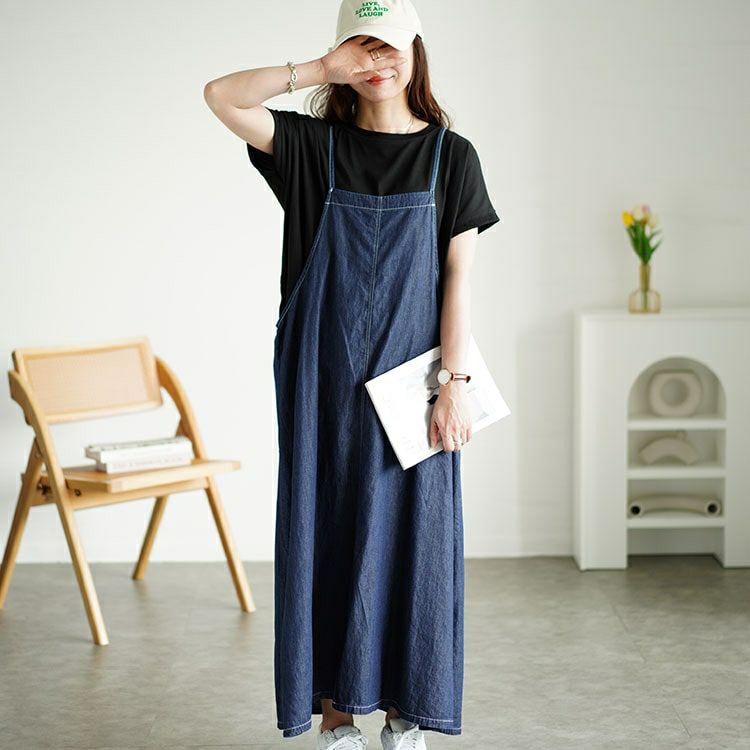 大きいサイズ レディース ラウンドネックTシャツ＆デニムキャミワンピ2点セット　plan-240080