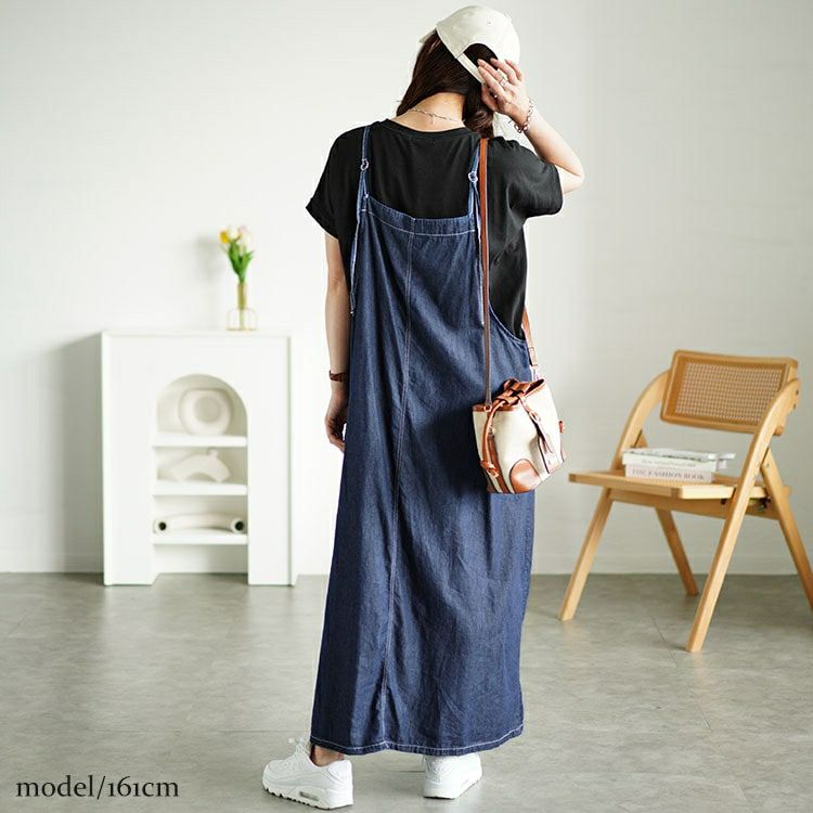 大きいサイズ レディース ラウンドネックTシャツ＆デニムキャミワンピ2点セット　plan-240080