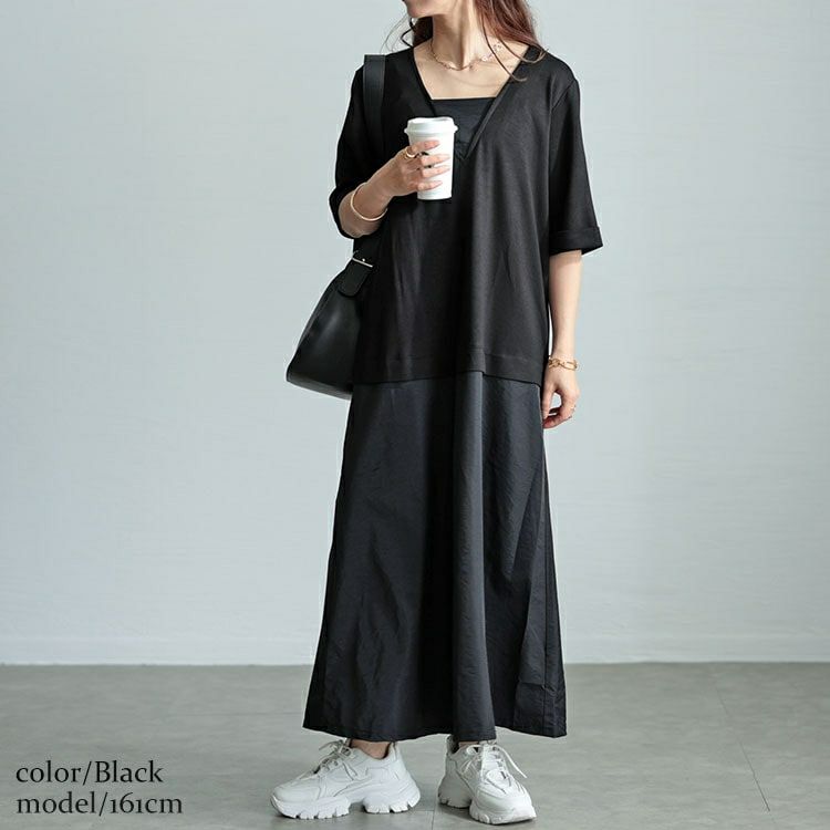 大きいサイズ レディース Vネック異素材ドッキングワンピース　maru-30005