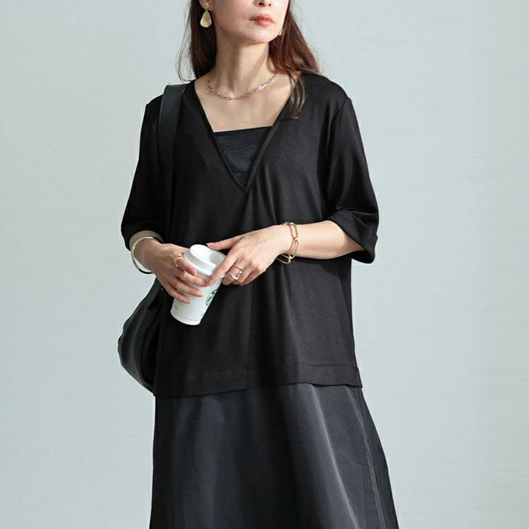 大きいサイズ レディース Vネック異素材ドッキングワンピース　maru-30005