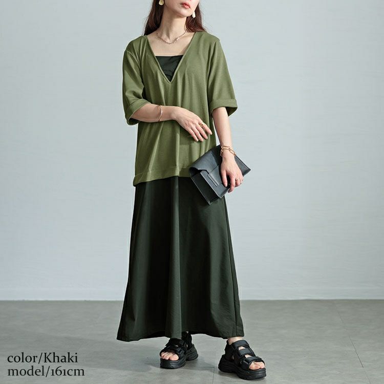大きいサイズ レディース Vネック異素材ドッキングワンピース　maru-30005