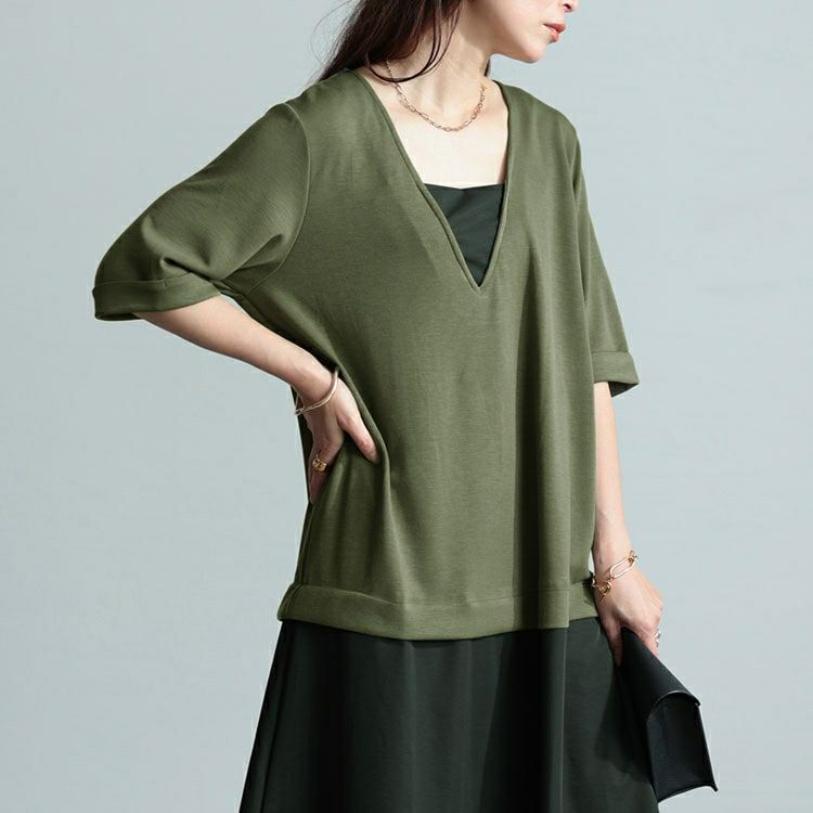 大きいサイズ レディース Vネック異素材ドッキングワンピース　maru-30005