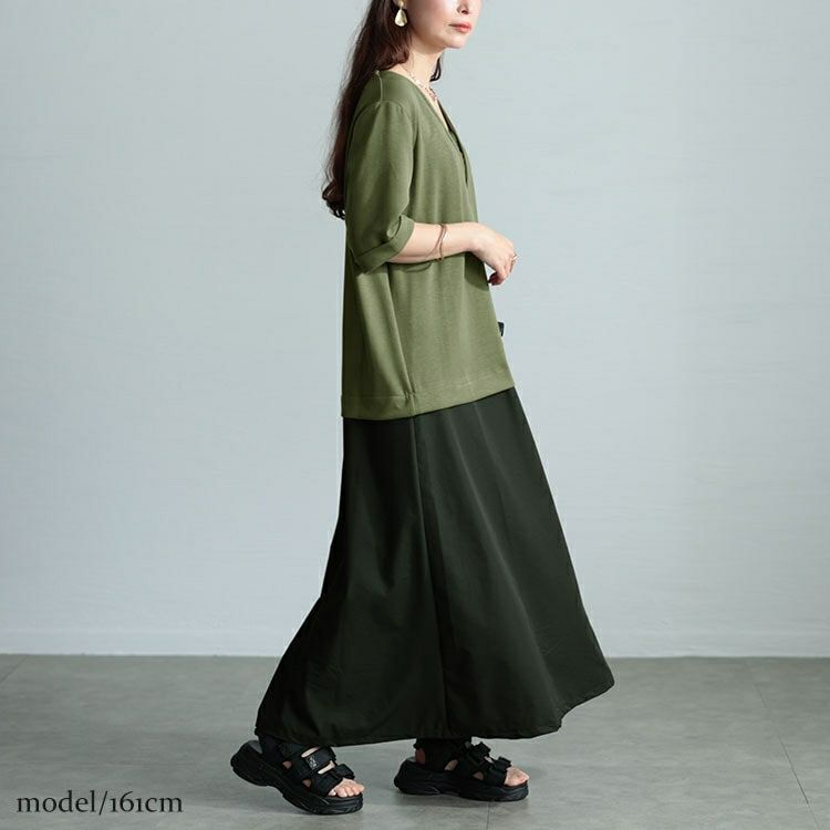 大きいサイズ レディース Vネック異素材ドッキングワンピース　maru-30005