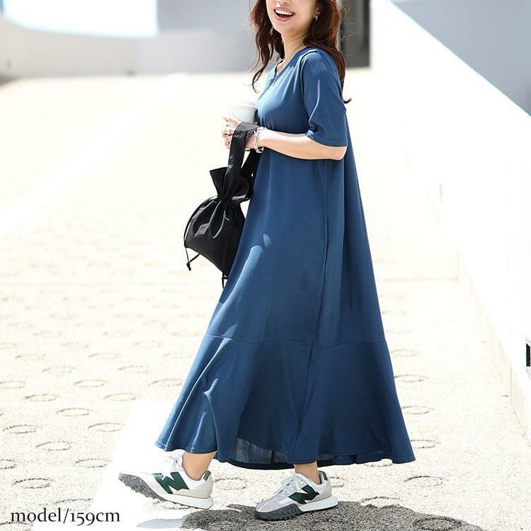 大きいサイズ レディース バックロゴマーメイドワッフルワンピース　maru-30048 ブルー