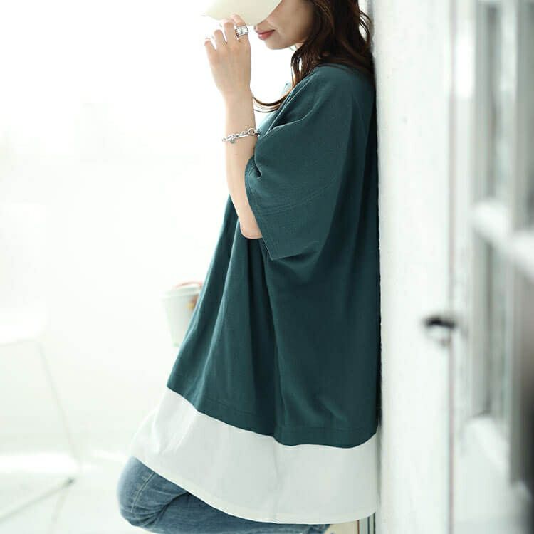 大きいサイズ レディース フェイクレイヤードキーネックドルマンチュニック　maru-30044