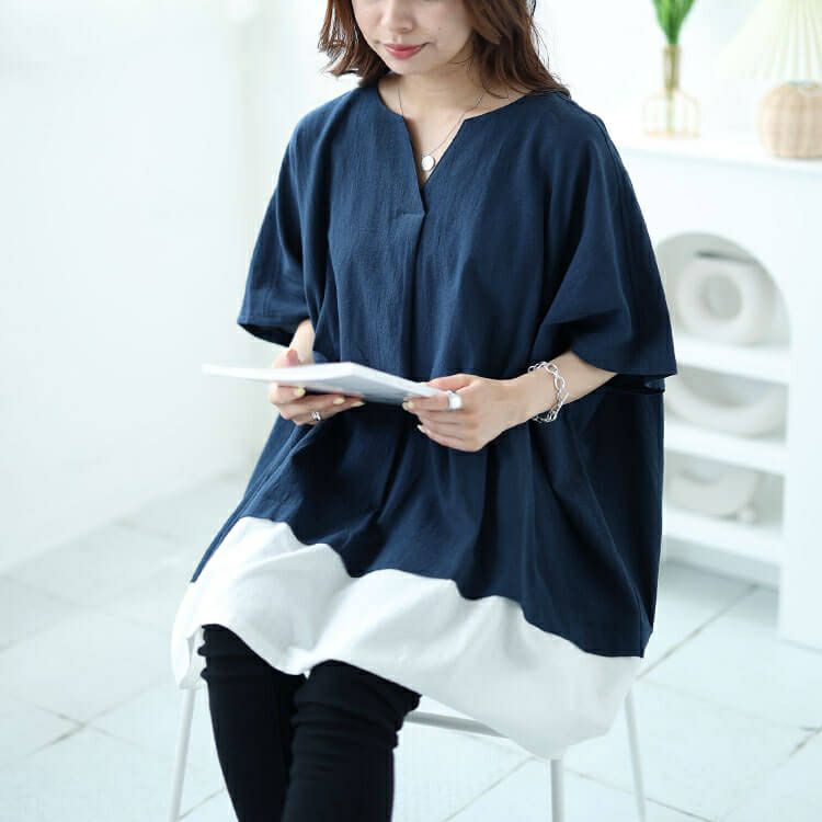 大きいサイズ レディース フェイクレイヤードキーネックドルマンチュニック　maru-30044