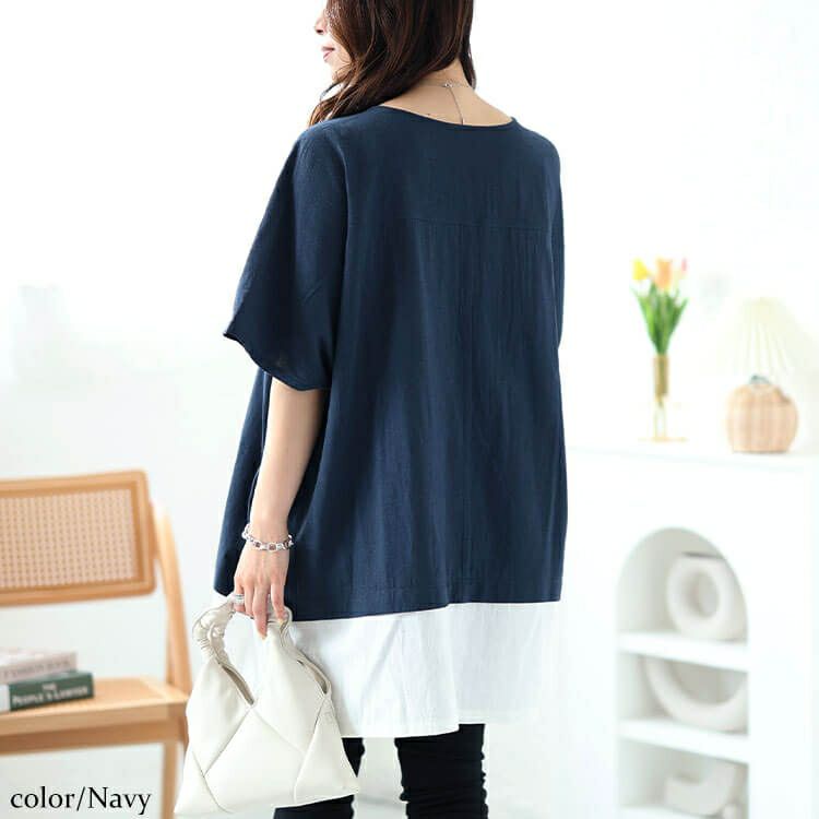 大きいサイズ レディース フェイクレイヤードキーネックドルマンチュニック　maru-30044