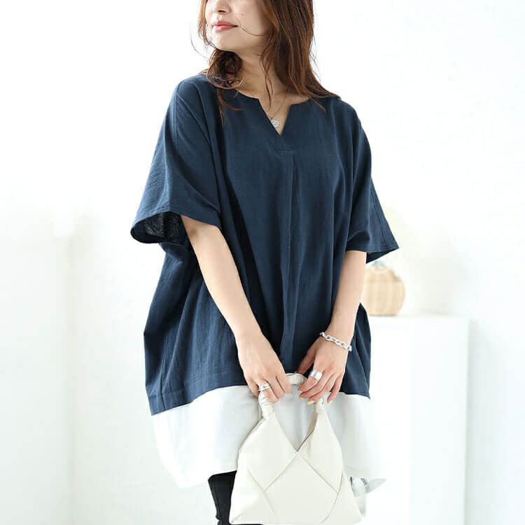 大きいサイズ レディース フェイクレイヤードキーネックドルマンチュニック　maru-30044