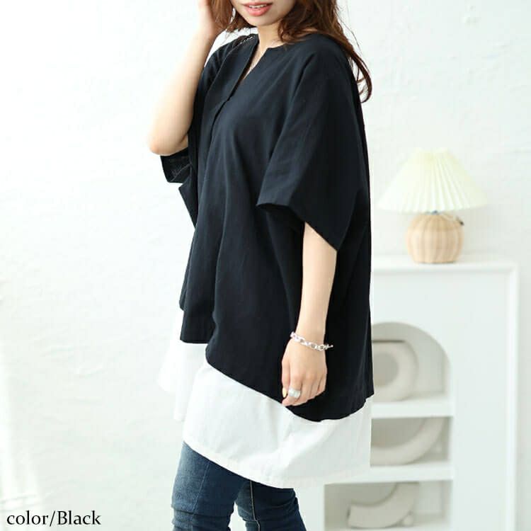 大きいサイズ レディース フェイクレイヤードキーネックドルマンチュニック　maru-30044