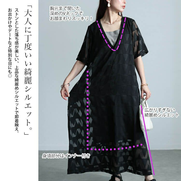 大きいサイズ レディース シフォンジャガードVネックフレアマキシワンピース　maru-30039