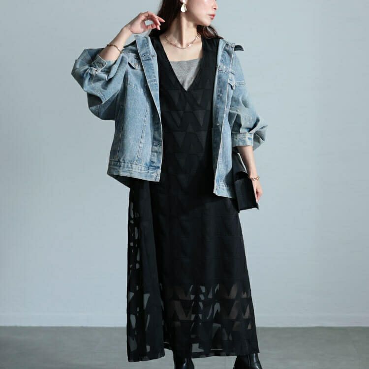 大きいサイズ レディース シフォンジャガードVネックフレアマキシワンピース　maru-30039