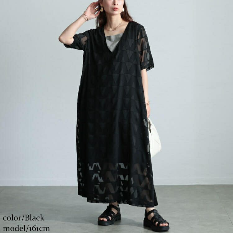 大きいサイズ レディース シフォンジャガードVネックフレアマキシワンピース　maru-30039