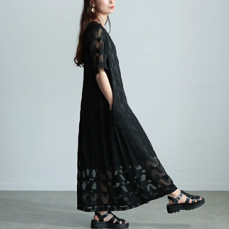 大きいサイズ レディース シフォンジャガードVネックフレアマキシワンピース　maru-30039