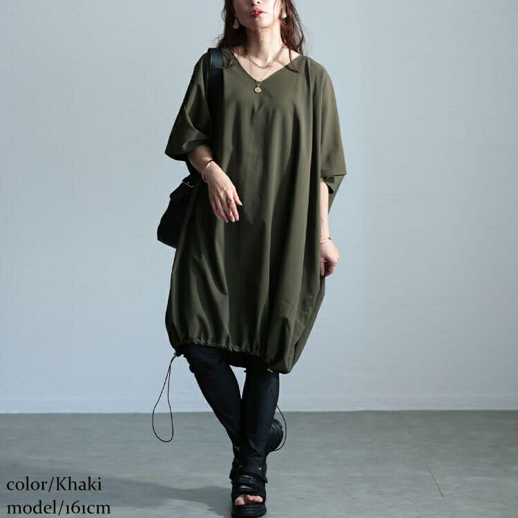 大きいサイズ レディース 楊柳Vネックドローコードドルマンチュニック　maru-30037