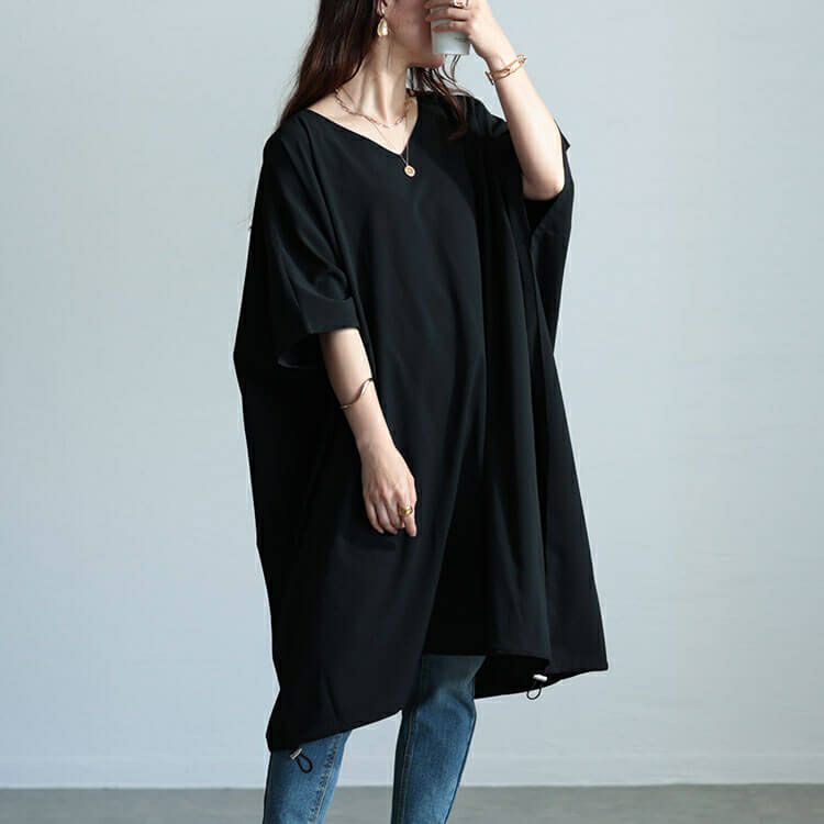 大きいサイズ レディース 楊柳Vネックドローコードドルマンチュニック　maru-30037