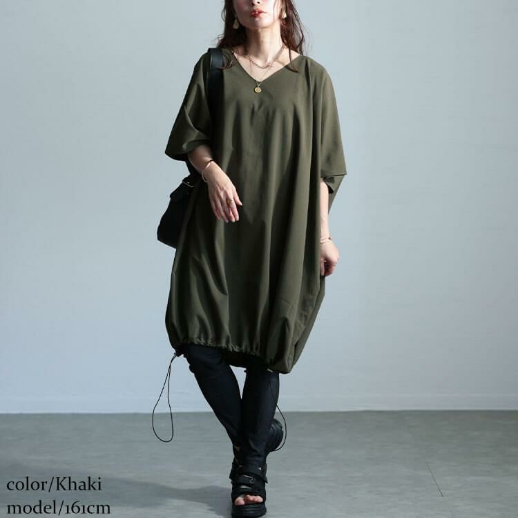 大きいサイズ レディース 楊柳Vネックドローコードドルマンチュニック　maru-30037 カーキ