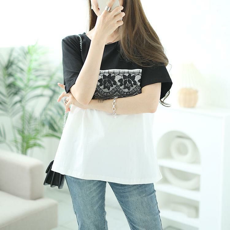 大きいサイズ レディース レース切替えバイカラーTシャツ　goldy-1523 【メール便可】 ホワイト
