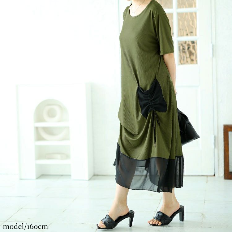 大きいサイズ レディース ビックポケット付きアシンメトリーワンピース　goldy-1522