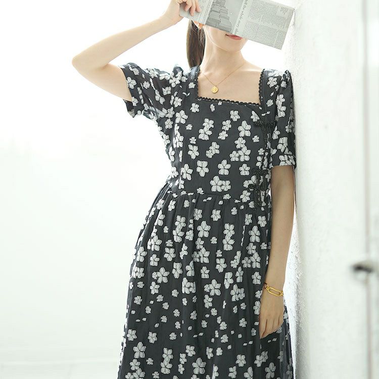 大きいサイズ レディース スクエアネック花柄ロングワンピース　goldy-1520