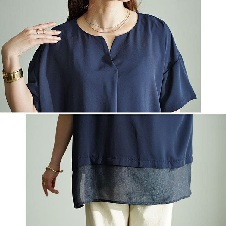 大きいサイズ レディース 裾異素材切り替えキーネックプルオーバー　fem-499 【メール便可】