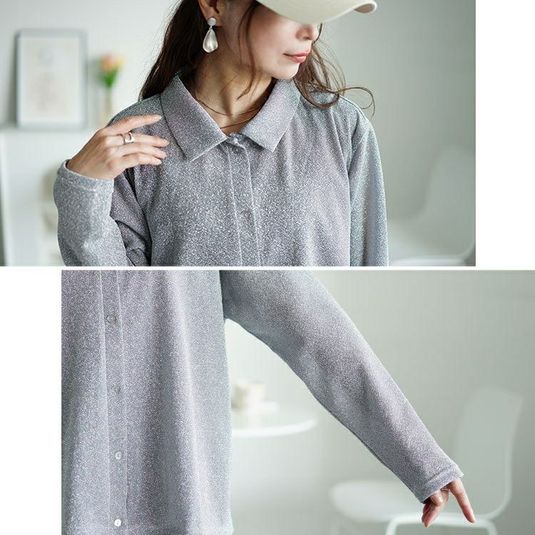 大きいサイズ レディース レギュラーカラーラメシアーシャツ　fem-498 【メール便可】
