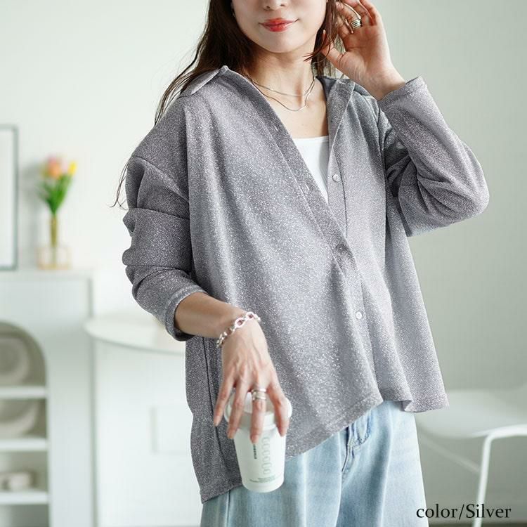 大きいサイズ レディース レギュラーカラーラメシアーシャツ　fem-498 【メール便可】 シルバー