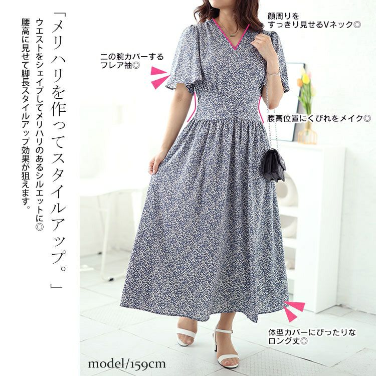 大きいサイズ レディース 小花柄ウエスト切り替えカシュクールワンピース　fem-496