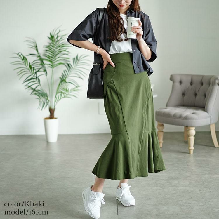 大きいサイズ レディース ギャザー切り替えストレッチマーメイドスカート　fem-493 カーキ