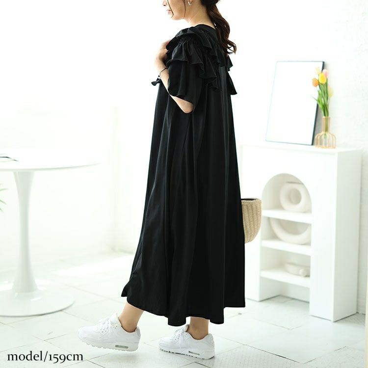 大きいサイズ レディース 肩ティアードフリルAラインワンピース　fem-492