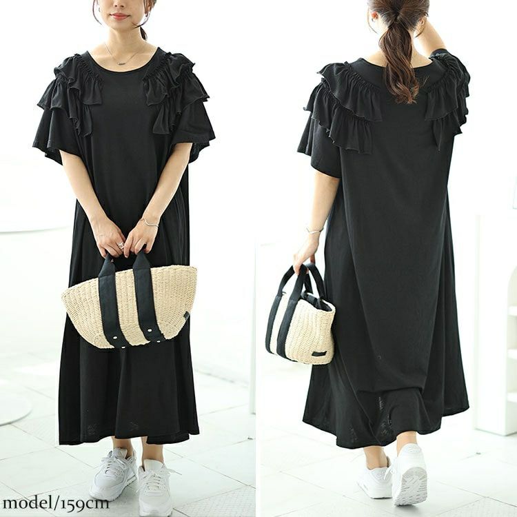 大きいサイズ レディース 肩ティアードフリルAラインワンピース　fem-492