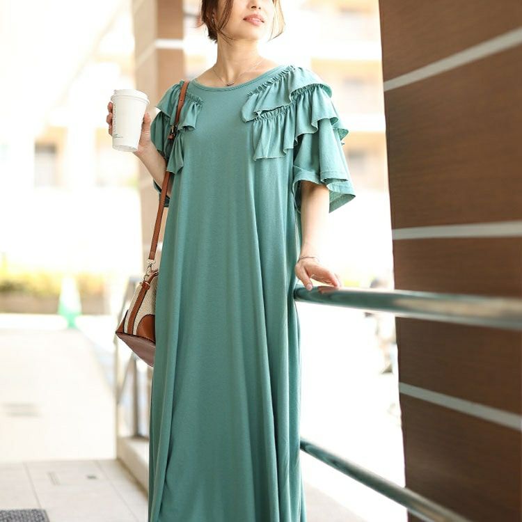 大きいサイズ レディース 肩ティアードフリルAラインワンピース　fem-492