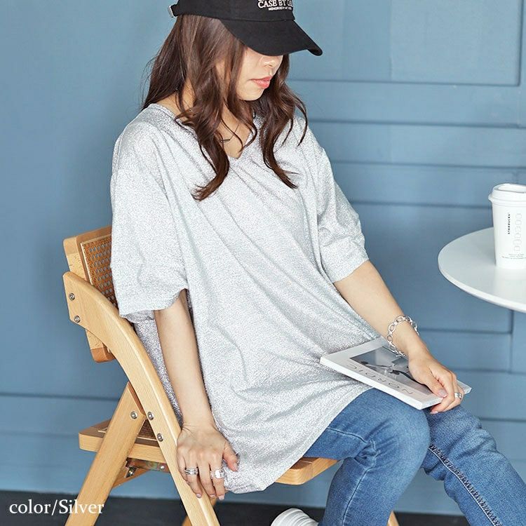 大きいサイズ レディース サイドタックVネックラメプルオーバー　fem-491 【メール便可】