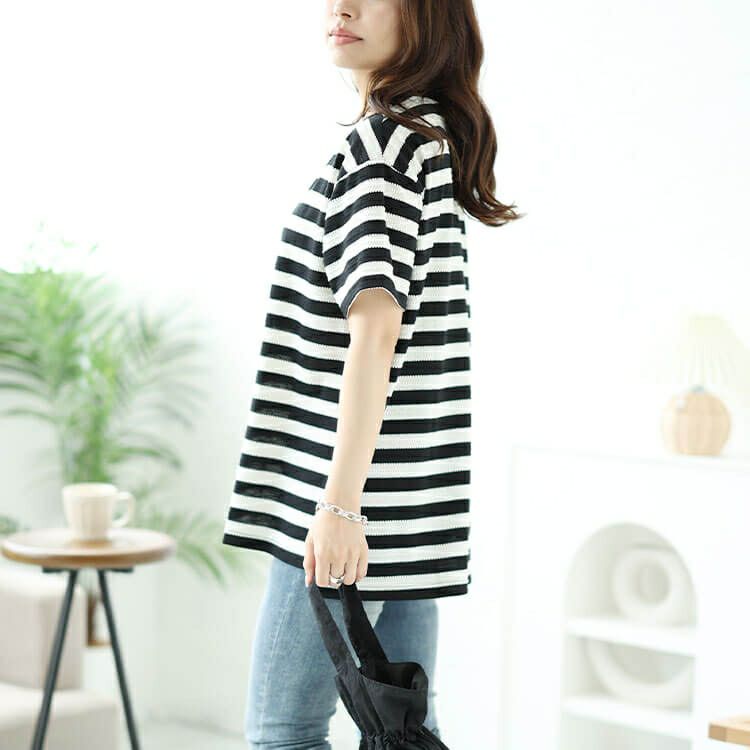 大きいサイズ レディース タックボーダースリットプルオーバー　cast-1644003 【メール便可】