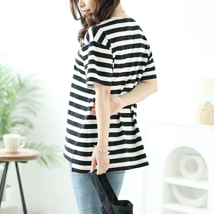 大きいサイズ レディース タックボーダースリットプルオーバー　cast-1644003 【メール便可】